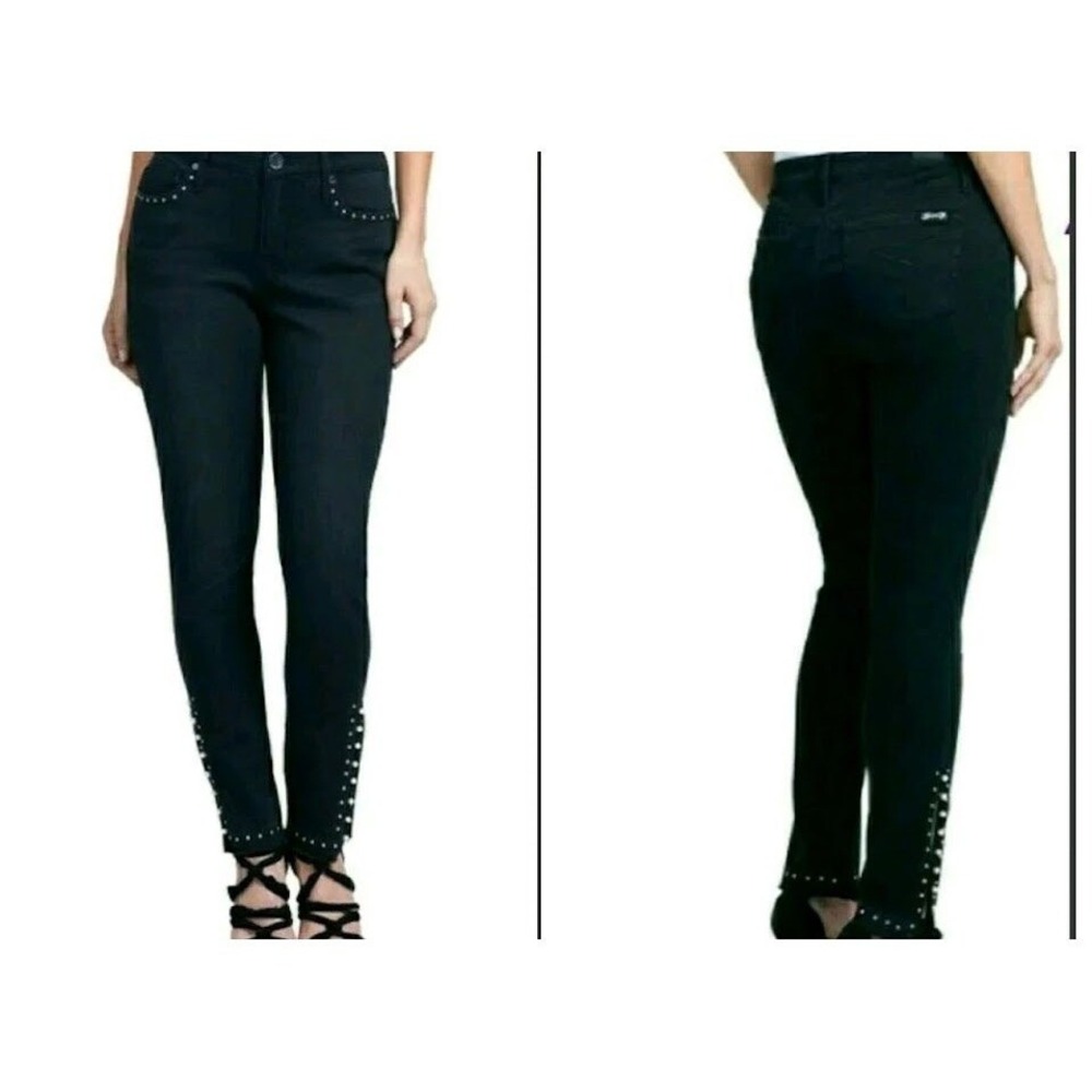SEVEN7 Sz 8 Mid-Rise Skinny‎ Jeans Studded Embellished Raw Hem Black Denim